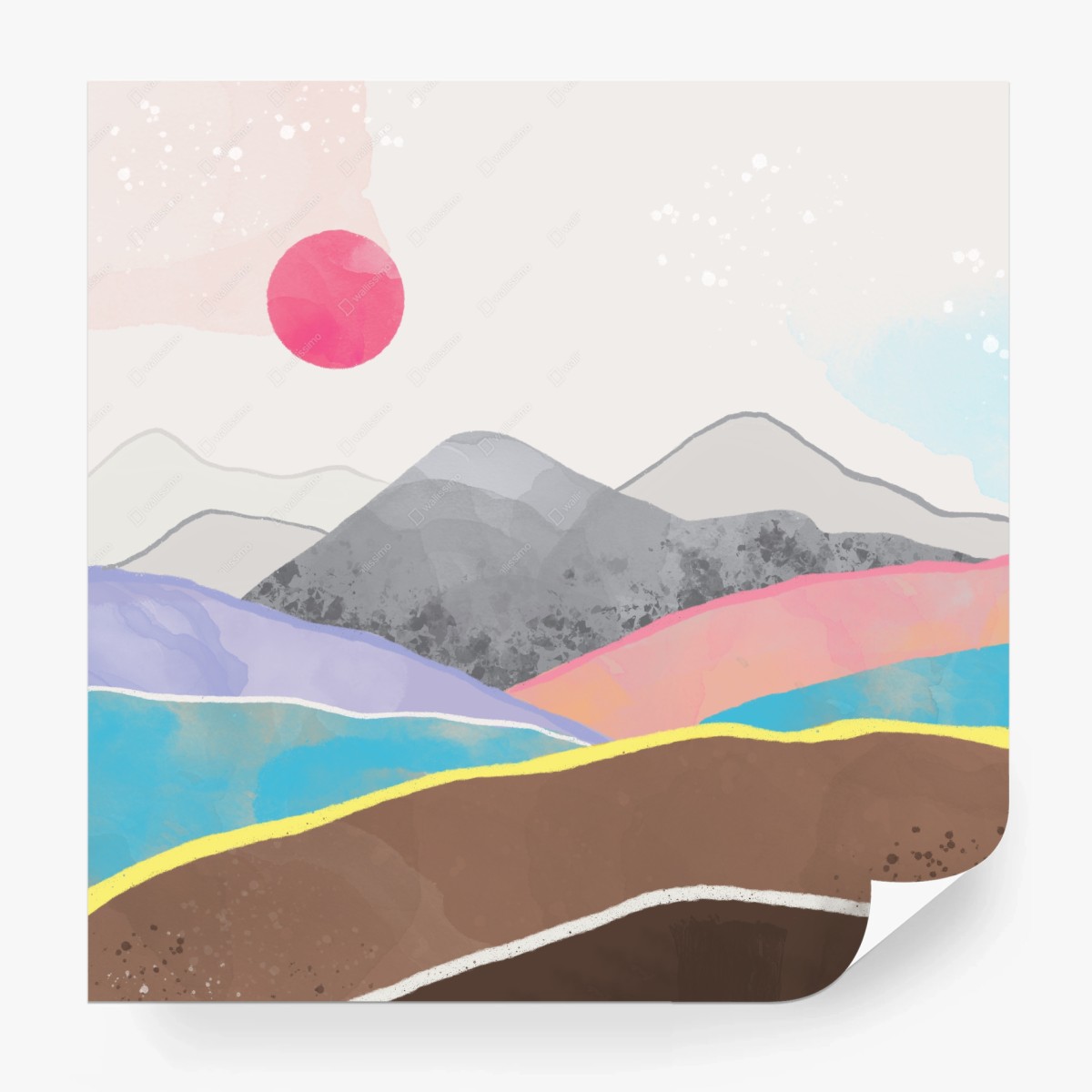 Fototapete pastell aquarell berglandschaft mit rosa sonne – Pixers®