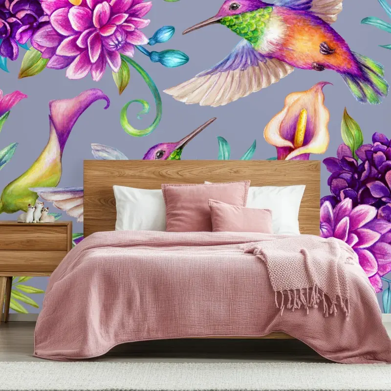 Fototapete buntes kolibri- und blumenmuster in aquarell