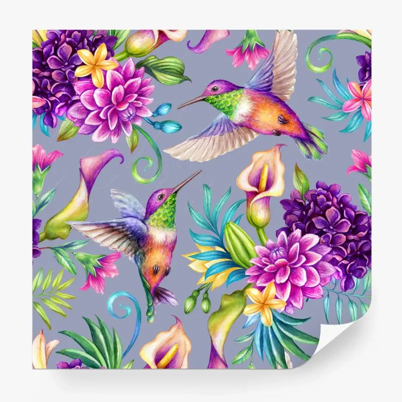 Fototapete buntes kolibri- und blumenmuster in aquarell