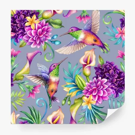 Fototapete buntes kolibri- und blumenmuster in aquarell – Pixers®