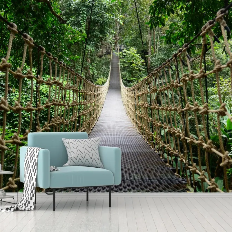 Fototapete hängende brücke durch dichten wald