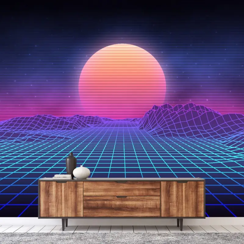 Fototapete synthwave neon sonnenuntergang auf gitter