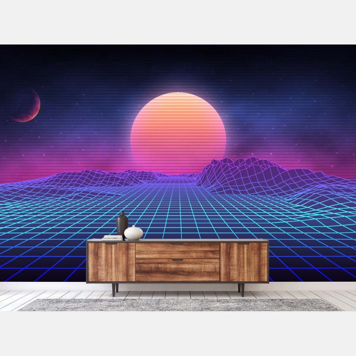 Fototapete synthwave neon sonnenuntergang auf gitter – Pixers®