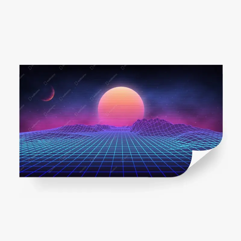 Fototapete synthwave neon sonnenuntergang auf gitter