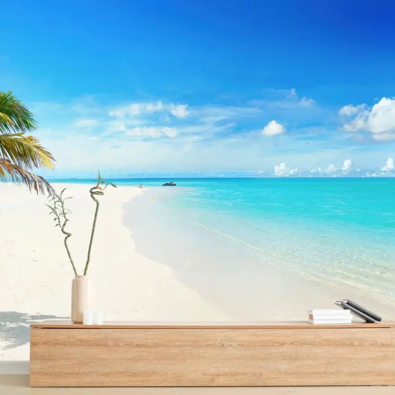 Fototapete tropische palme am türkisfarbenen strand