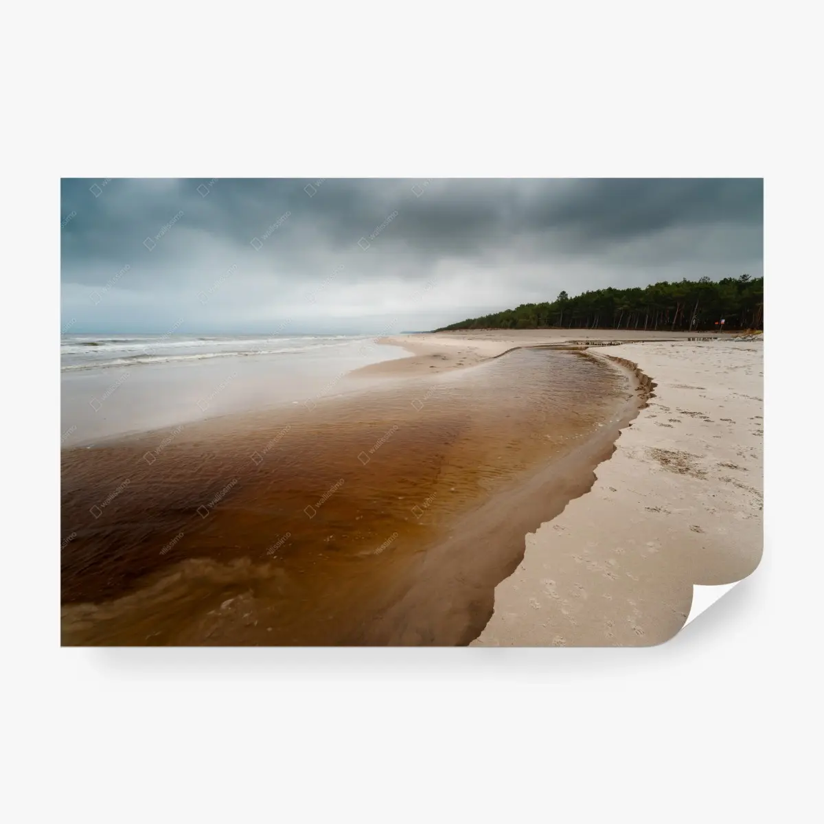 Fototapete ruhiger küstenbach am wolkenverhangenen strand – Pixers®