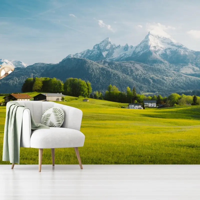 Fototapete alpine frühlingswiesen mit schneebedeckten gipfeln