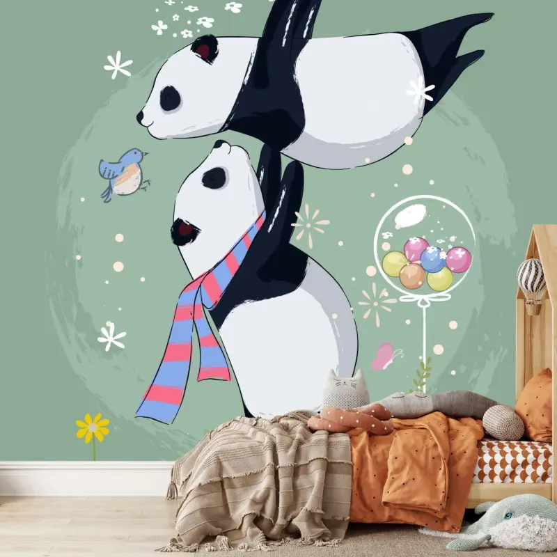 Fototapete verspielte pandafreunde kinderzimmer illustration
