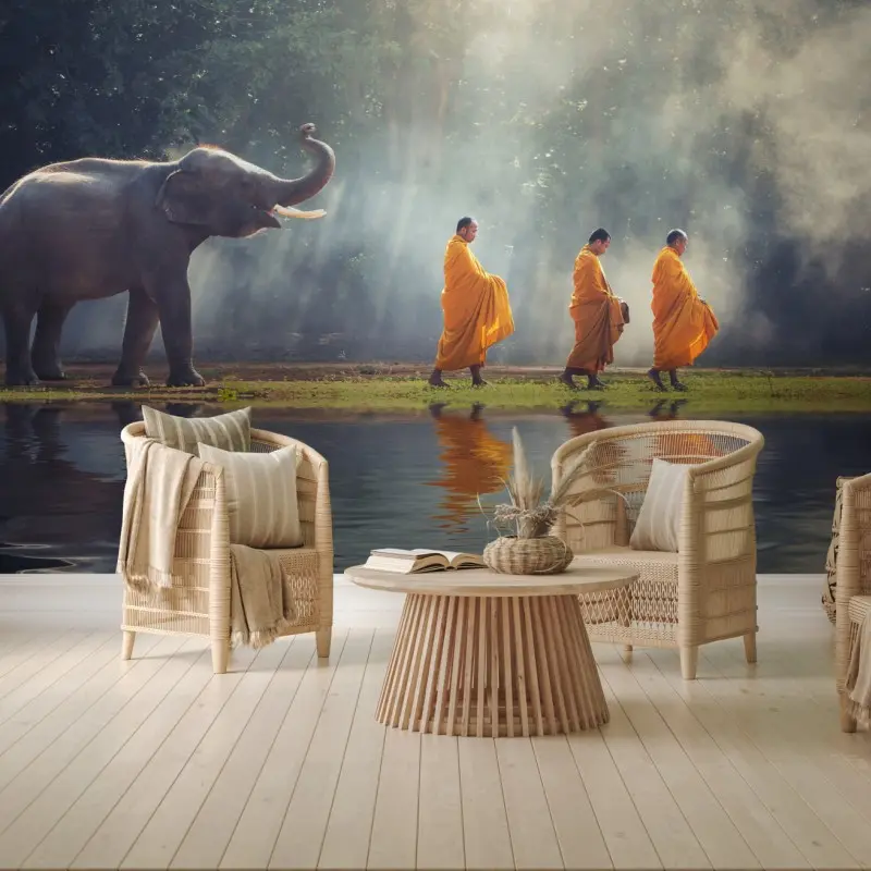 Fototapete buddhistische mönche und elefant am fluss