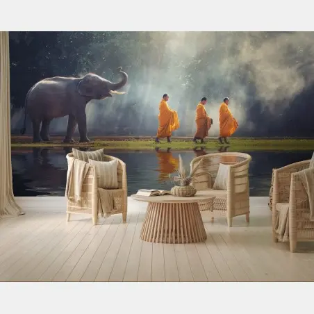 Fototapete buddhistische mönche und elefant am fluss – Pixers®