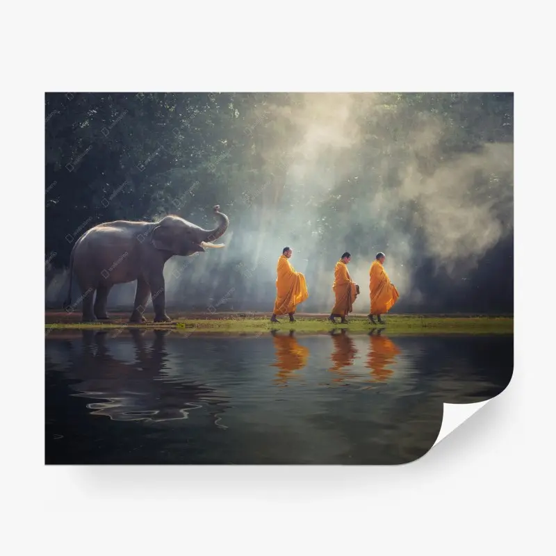 Fototapete buddhistische mönche und elefant am fluss