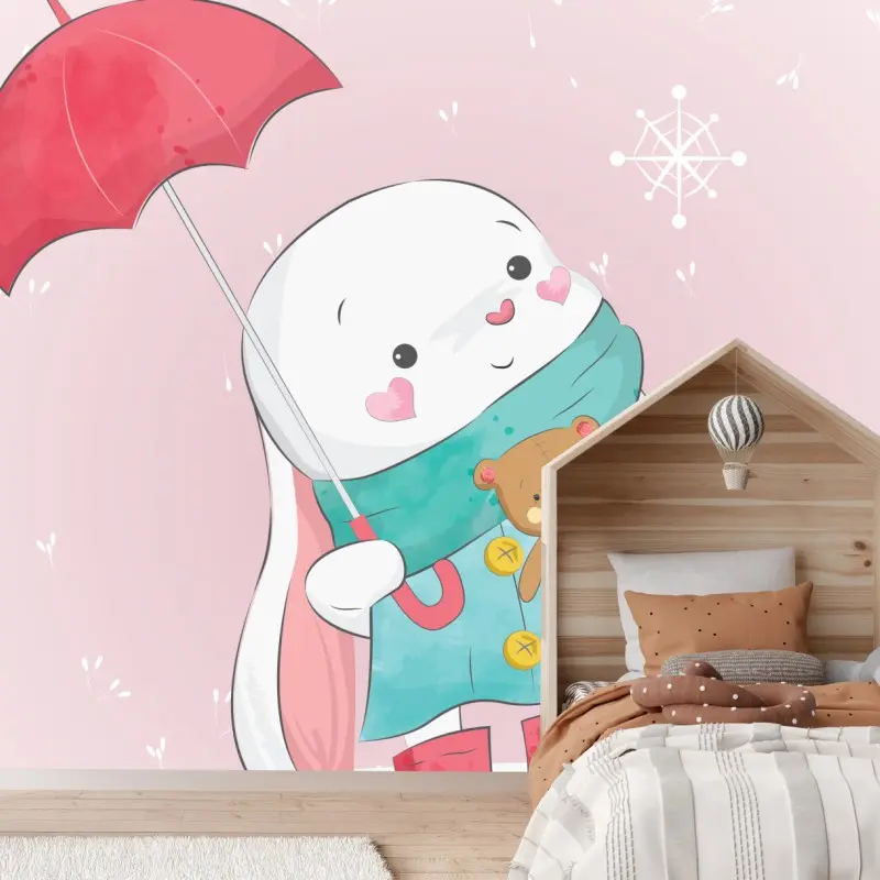 Fototapete niedlicher hase mit teddybär und regenschirm