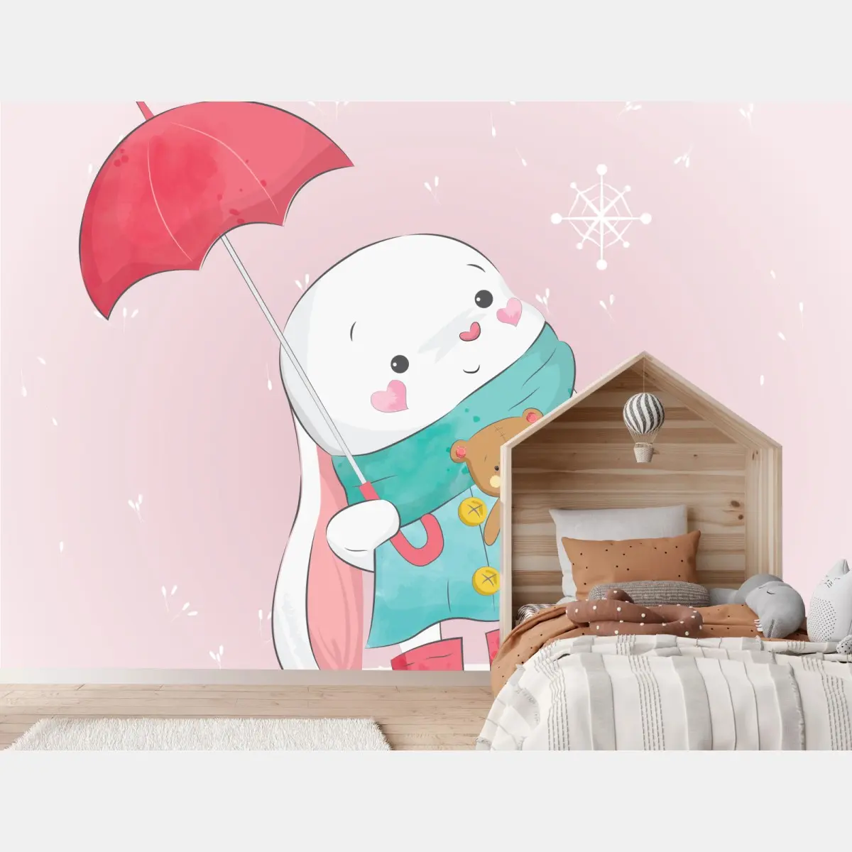 Fototapete niedlicher hase mit teddybär und regenschirm – Pixers®