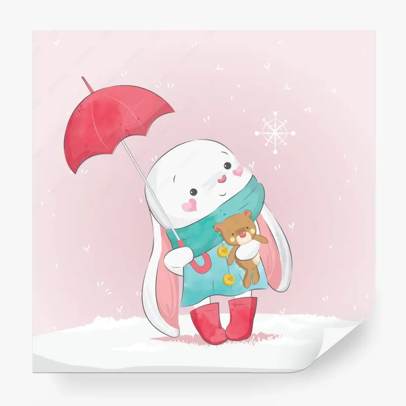 Fototapete niedlicher hase mit teddybär und regenschirm