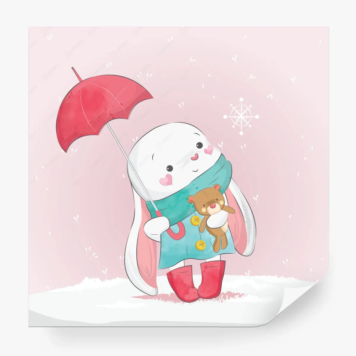 Fototapete niedlicher hase mit teddybär und regenschirm – Pixers®