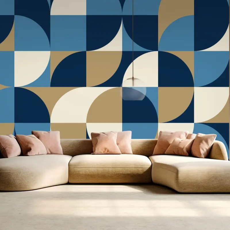 Fototapete geometrisches mid-century muster in blau und gold