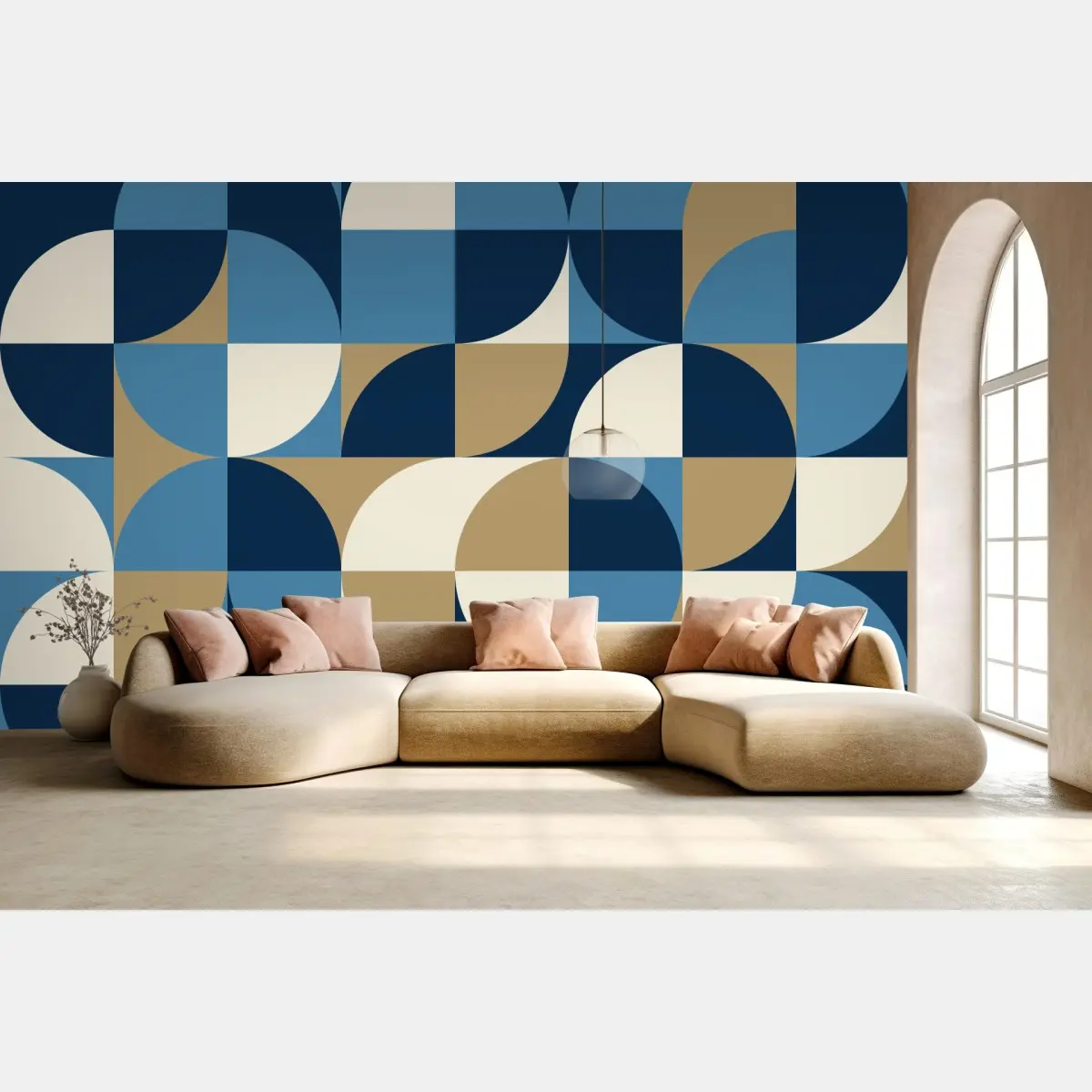Fototapete geometrisches mid-century muster in blau und gold – Pixers®