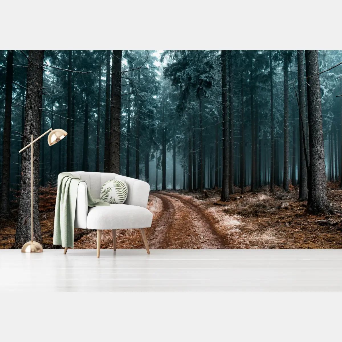 Fototapete nebliger waldweg zwischen kiefern – Pixers®
