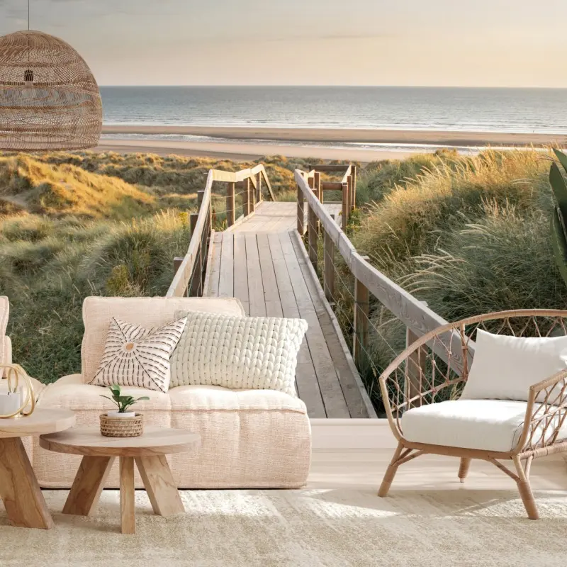 Fototapete holzsteg zur ruhigen strandlandschaft bei sonnenuntergang