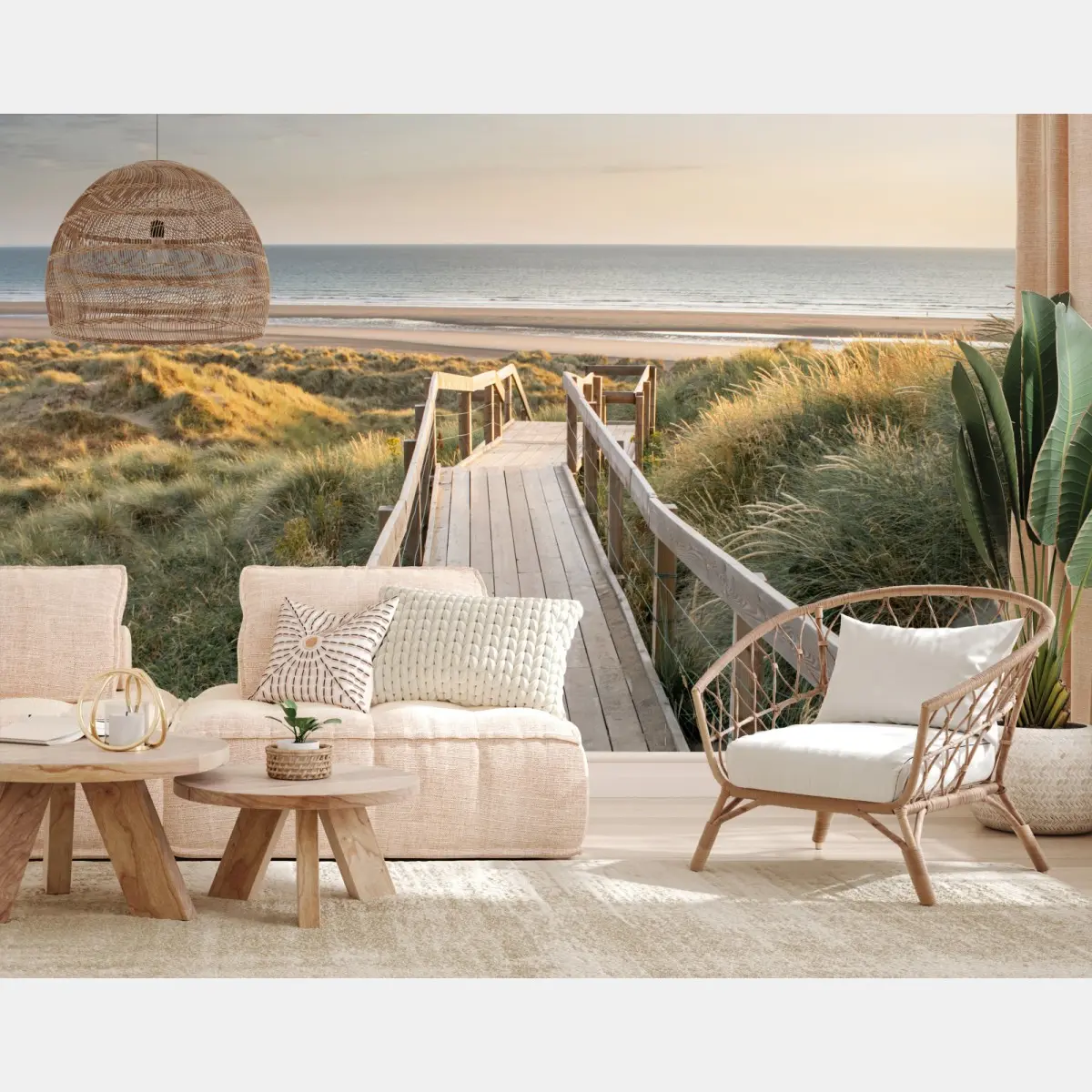 Fototapete holzsteg zur ruhigen strandlandschaft bei sonnenuntergang – Pixers®