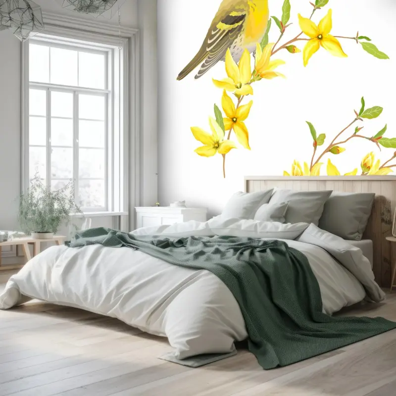 Fototapete gelber vogel und blumen aquarell