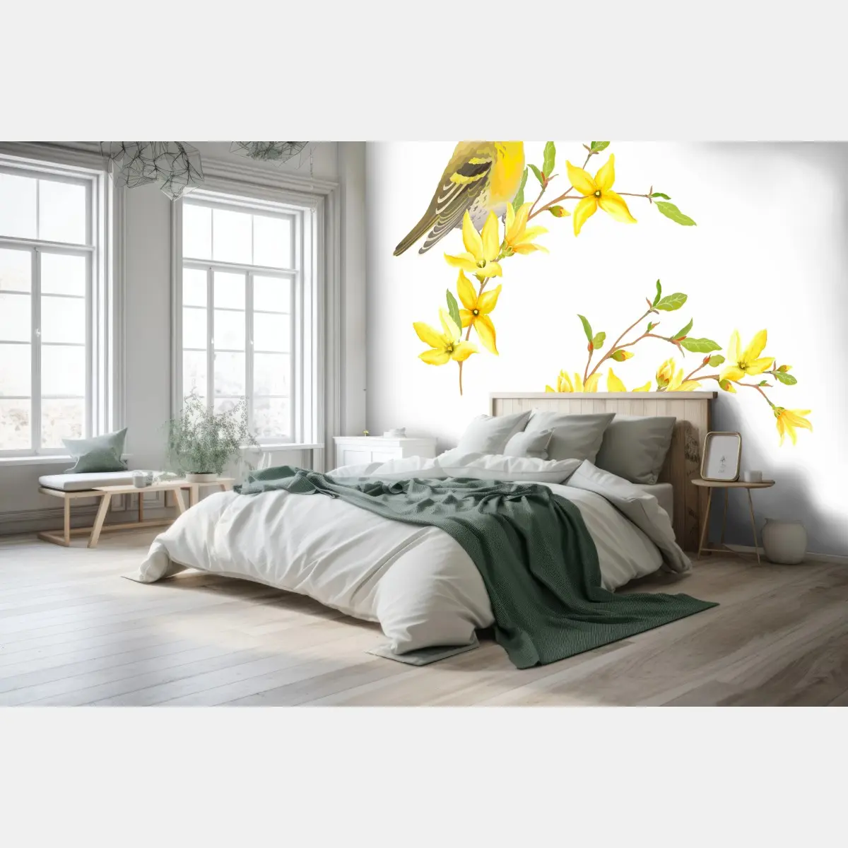 Fototapete gelber vogel und blumen aquarell – Pixers®
