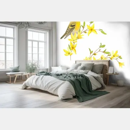 Fototapete gelber vogel und blumen aquarell – Pixers®