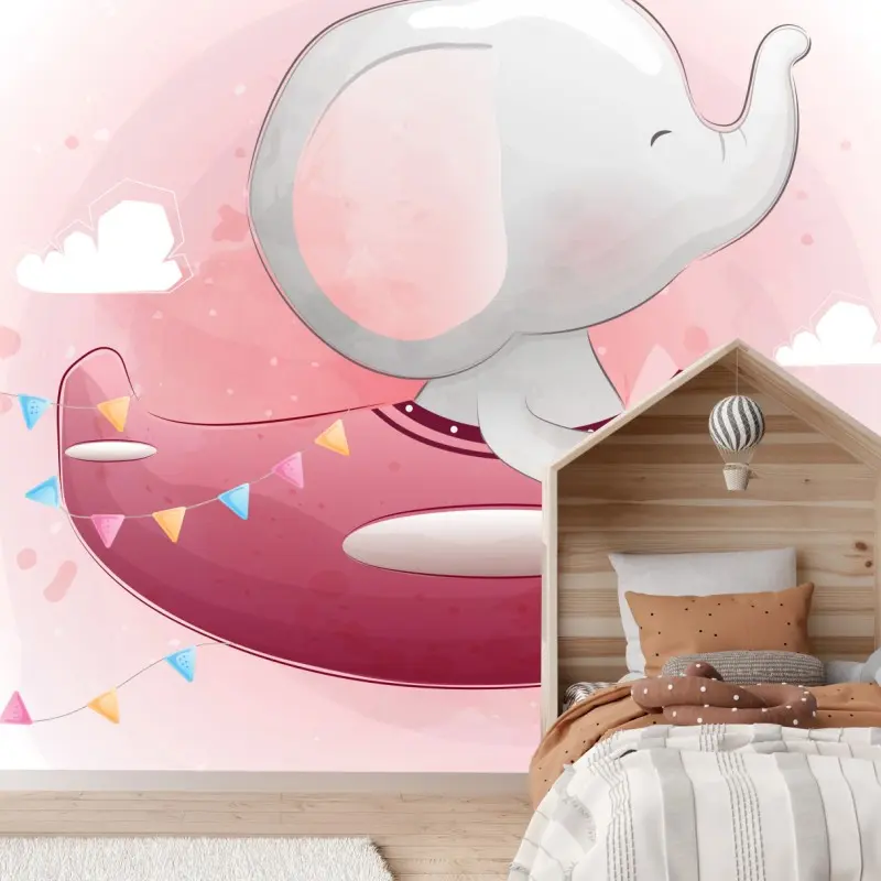 Fototapete süßer elefant im rosa flugzeug
