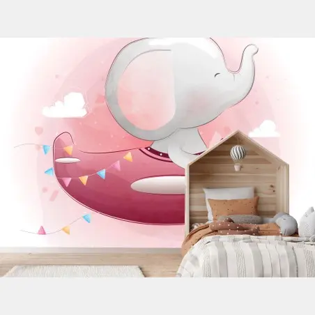Fototapete süßer elefant im rosa flugzeug – Pixers®