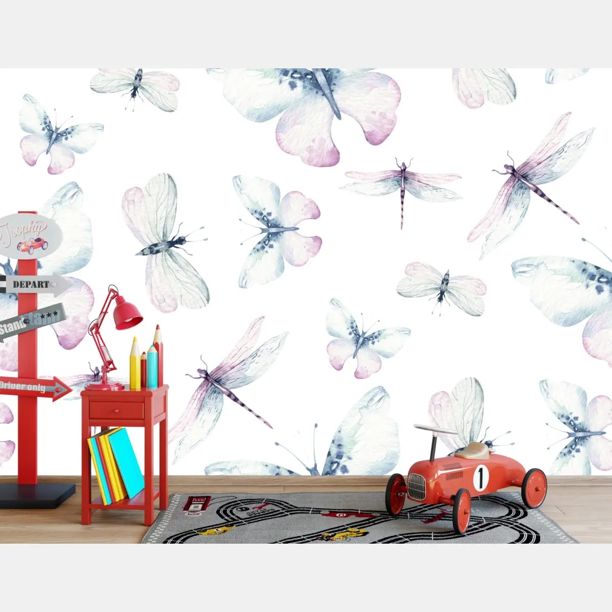Fototapete zarte aquarell schmetterlinge und libellen – Pixers®