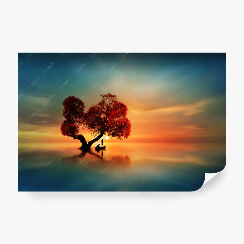 Fototapete einsamer roter baum im sonnenuntergang