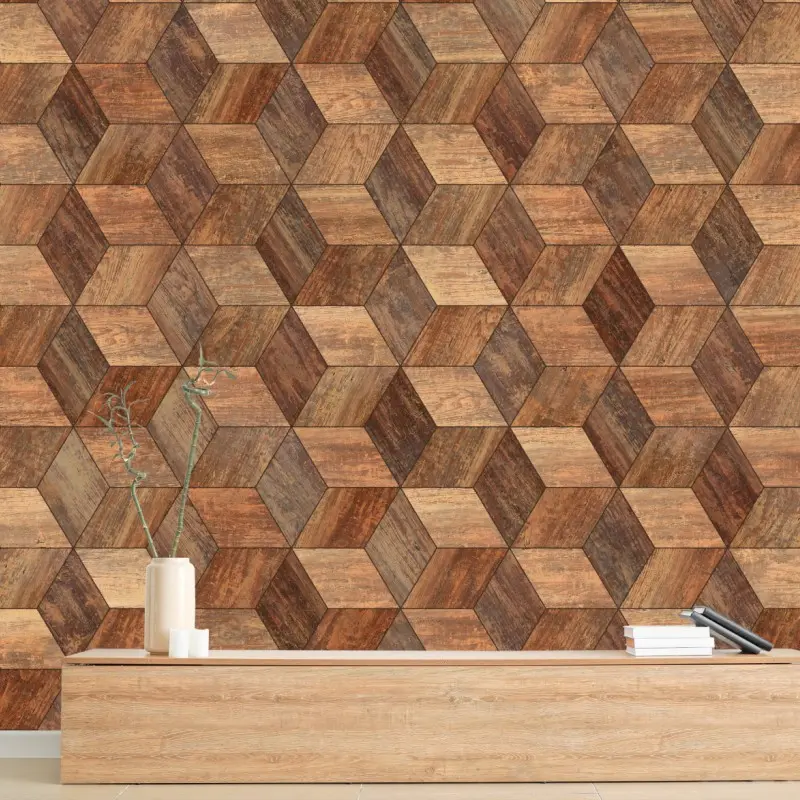Fototapete geometrisches holzparkett mit 3d-würfeleffekt