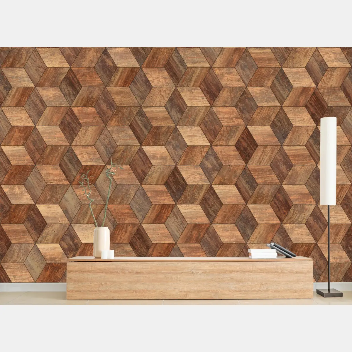 Fototapete geometrisches holzparkett mit 3d-würfeleffekt – Pixers®