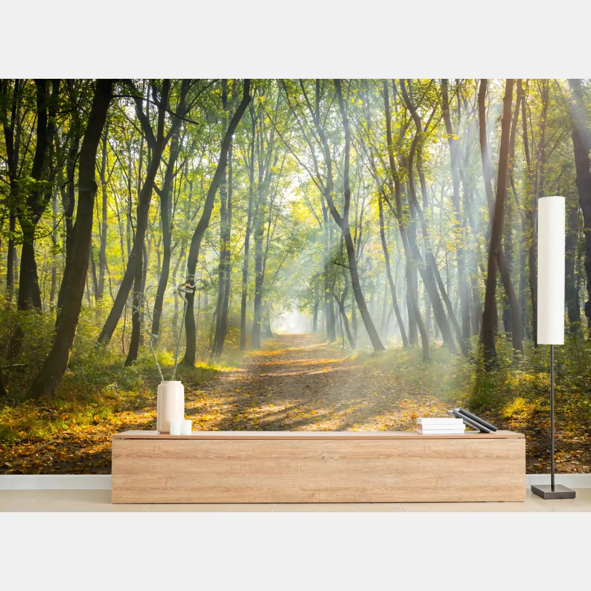 Fototapete nebliger waldweg im goldenen sonnenlicht – Pixers®