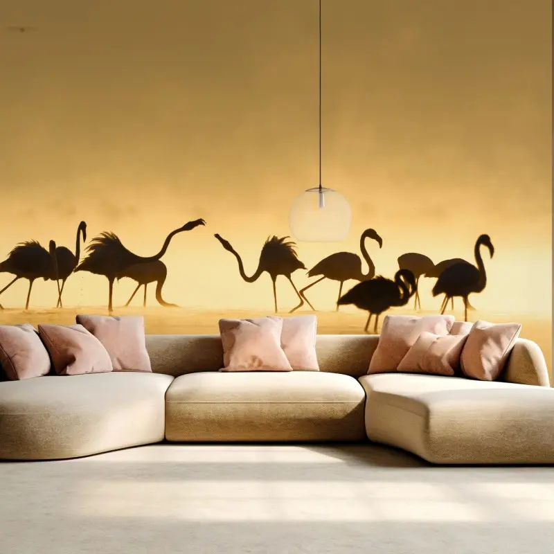 Fototapete goldene flamingo-silhouetten bei sonnenaufgang