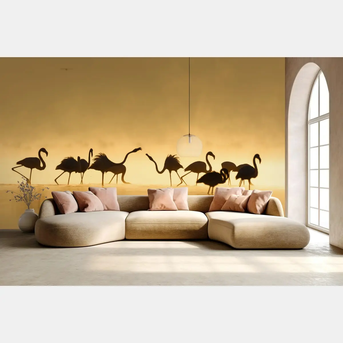 Fototapete goldene flamingo-silhouetten bei sonnenaufgang – Pixers®