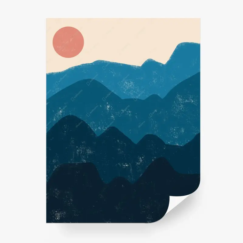 Fototapete strukturierte blaue berglandschaft mit sonne