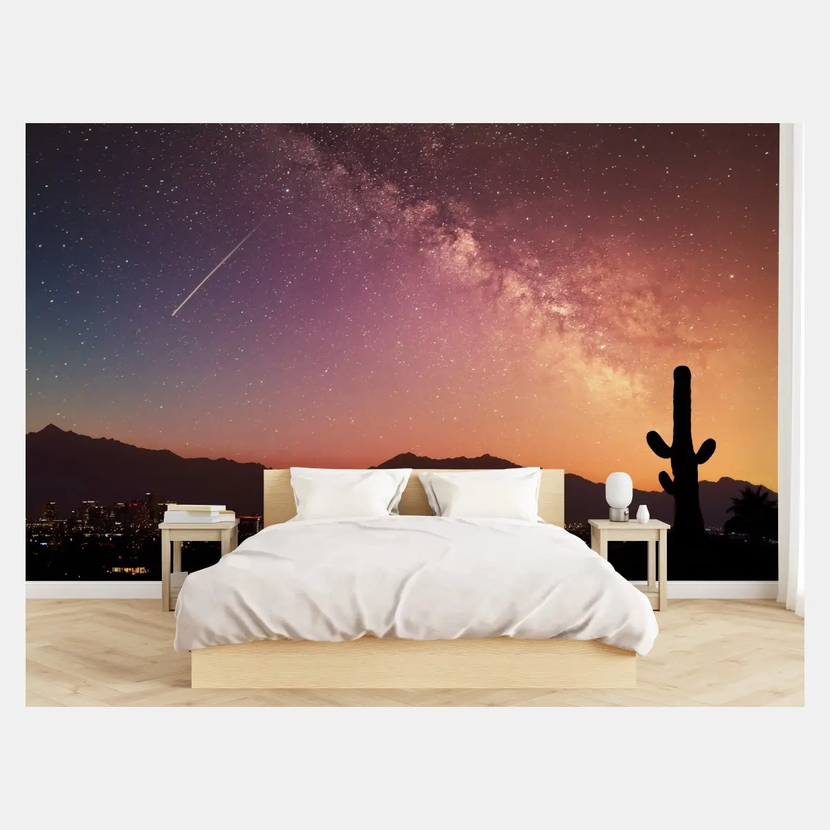 Fototapete wüstenhimmel bei nacht mit milchstraße über der stadt – Pixers®
