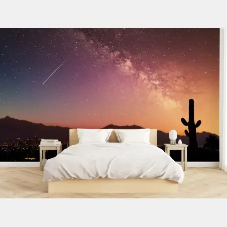 Fototapete wüstenhimmel bei nacht mit milchstraße über der stadt – Pixers®