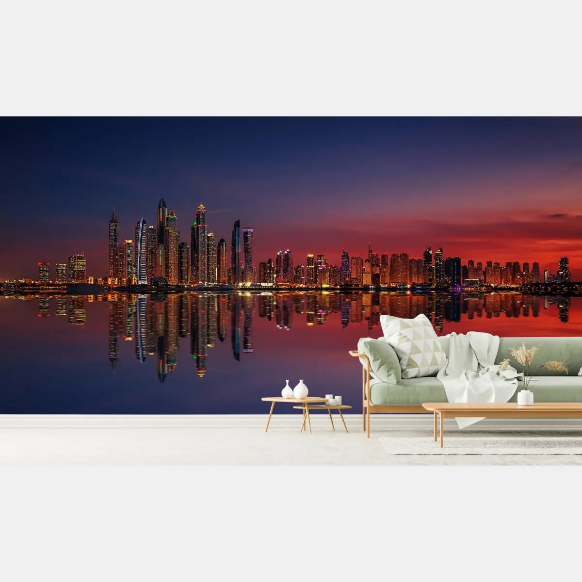 Fototapete stadtpanorama bei sonnenuntergang mit spiegelung – Pixers®