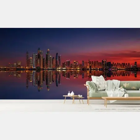 Fototapete stadtpanorama bei sonnenuntergang mit spiegelung – Pixers®