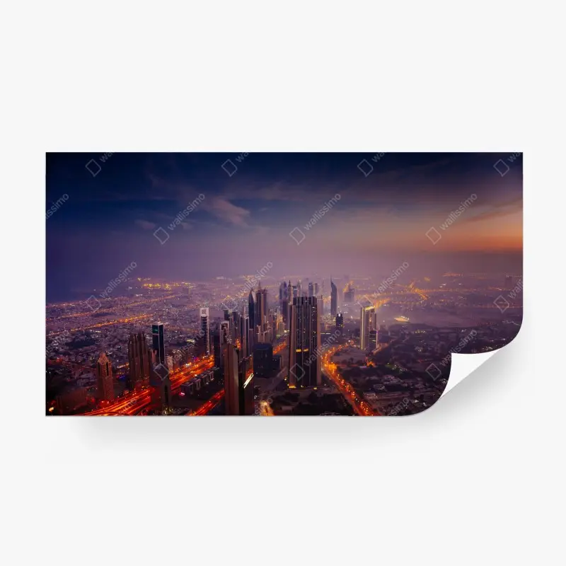 Fototapete abendliche stadtskyline mit leuchtenden lichtern
