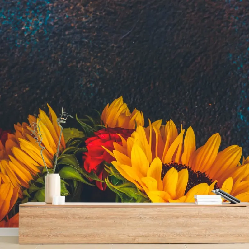 Fototapete lebendiger sonnenblumenstrauß vor dunklem hintergrund