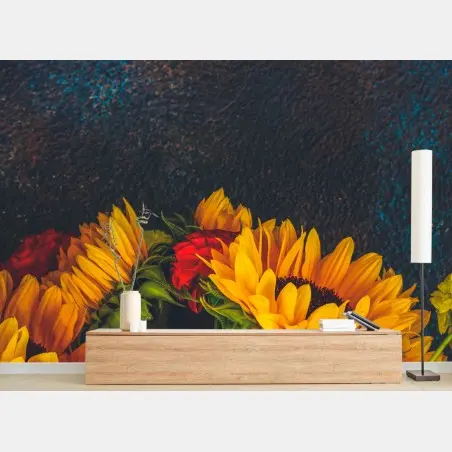 Fototapete lebendiger sonnenblumenstrauß vor dunklem hintergrund – Pixers®