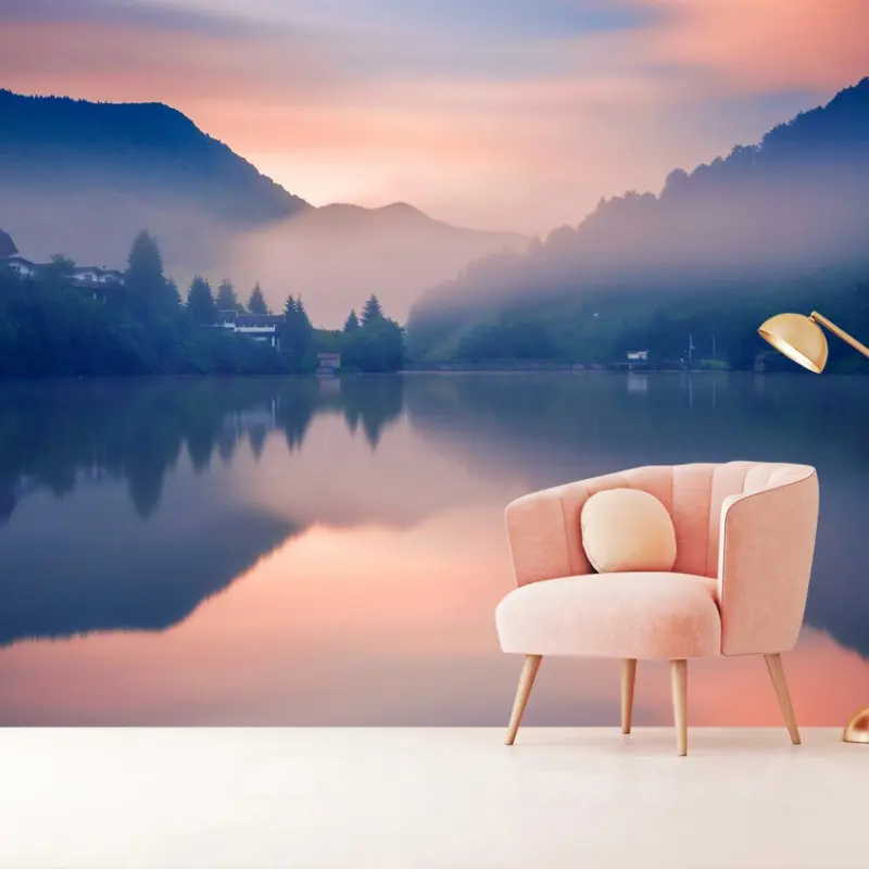 Fototapete nebeliger bergsee bei dämmerung
