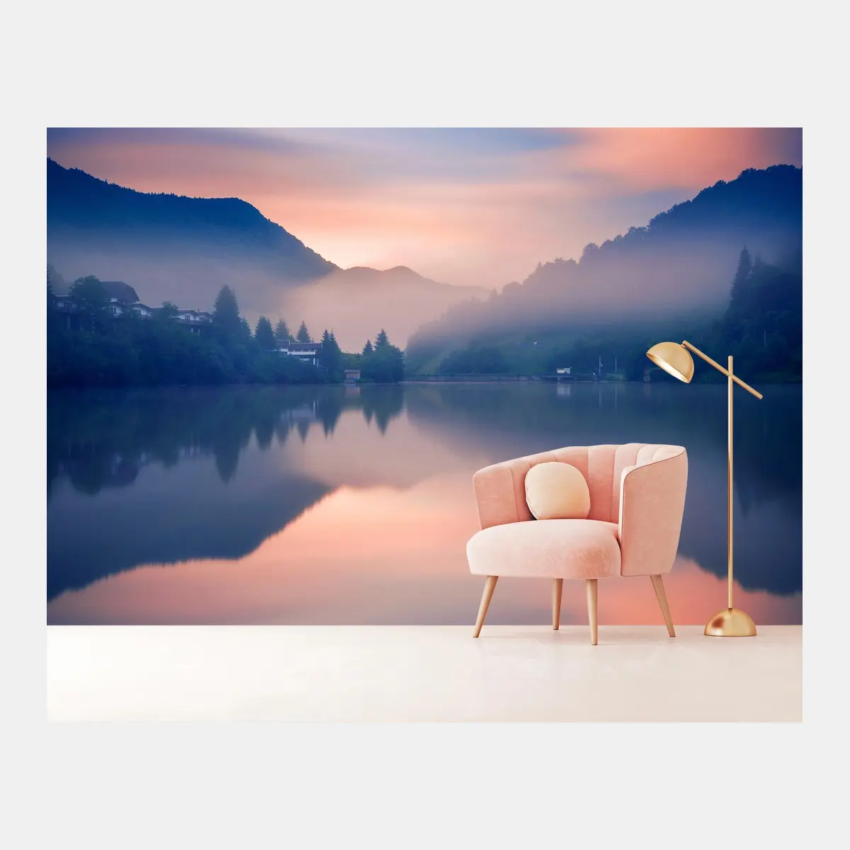 Fototapete nebeliger bergsee bei dämmerung – Pixers®