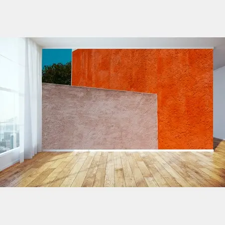Fototapete mutige geometrische fassade in orange und türkis – Pixers®