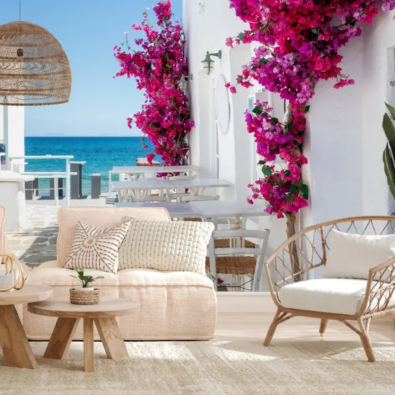 Fototapete sonnige mediterrane gasse mit bougainvillea