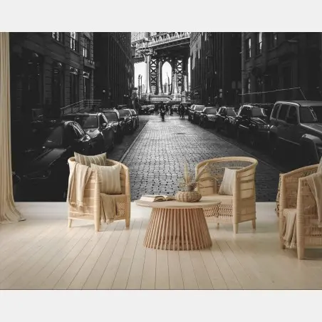 Fototapete Manhattan Bridge im rahmen einer gepflasterten straße – Pixers®