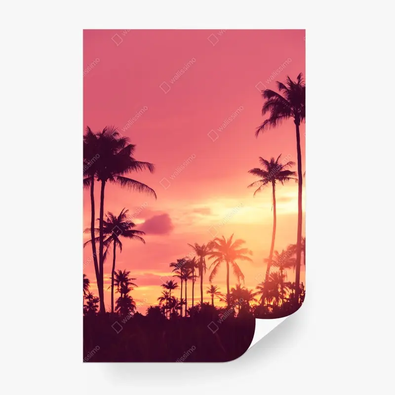 Fototapete rosa tropischer sonnenuntergang mit palmen